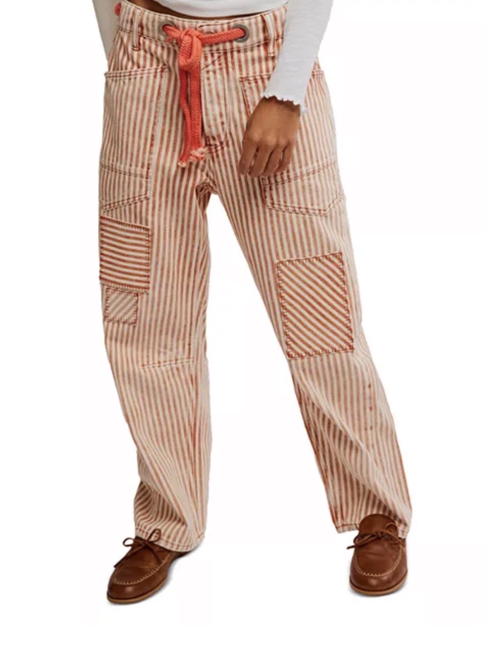 NWOT Free People Denim Red Orange Striped Railroad Patchwork Drawstring Pants 29
